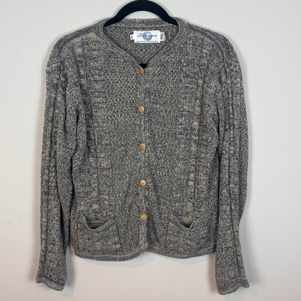 The Sweater Venture Handknit Womens Heathered Cable Knit Cardigan sz MED Cotton
